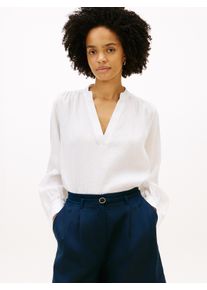 Langarmbluse Tommy Hilfiger "ESSENTIAL LINEN V-NECK LONGSLEEVE BLOUSE", Damen, Gr. M (40), th optic wei&szlig;, Web, Obermaterial: 100% Leinen, unifarben, gerade normal, V-Ausschnitt, mit Knopf mit Schlitz, Blusen Langarmbluse, mit gerafften Schultern, Relaxed Fit