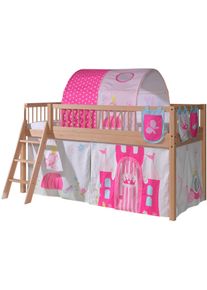 Spielbett Vipack "Forrest, Absturzschutz mit Sprossen-Optik, Pfostenst&auml;rken ca. 50x50mm", buche natur lackiert, buche natur lackiert, buche natur lackiert, B:135,5cm H:114cm L:207,5cm, Betten, Spielbett, 90/200 cm, Spielbereich unter dem Bett, 2 Textil-Set&acute;s zur Wahl