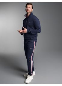 Freizeitanzug TRIGEMA "TRIGEMA Freizeitanzug mit Ringelkragen und Kontraststreifen", Damen, Gr. M, navy, Sweatware, 70% Baumwolle, 30% Polyester, Sportanz&uuml;ge Freizeitanzug