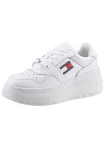 Plateausneaker Tommy Jeans "TJW RETRO BASKET FLATFORM ESS", Damen, Gr. 42, wei&szlig;, Leder, Lederimitat, Textil, Schuhe Plateausneaker, mit Logoschriftzug in der Sohle, Freizeitschuh, Halbschuh, Schn&uuml;rschuh