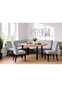 Eckbankgruppe OTTO HOME "Oregon Essecke, Sitzgruppe, K&uuml;chenbankgruppe", hellgrau, hellgrau, schwarz, B:177cm H:90cm T:140cm, Holzwerkstoff, Massivholz, Metall, Polyester, Spanplatte, Sitzm&ouml;bel-Sets, Eckbankgruppe, Eckbank mit Metallf&uuml;&szlig;en, Esstisch in Eiche massiv