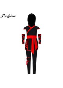 Children Japanese Ninja Cosplay Costume Cap Sleeve Sash Hooded Top with Gloves Pants for Halloween Theme Party carnival Dress Up
