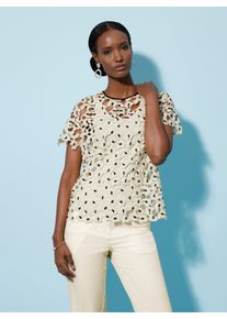 Dames Kanten blouse met ronde hals in Champagne/grafiet gedessineerd ,maat 36, WITT, 100% Polyester