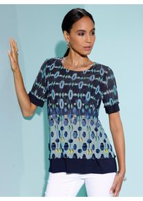 Dames Shirt met ronde hals in laagjeslook in marine/lichtblauw bedrukt ,maat 36, WITT, 96% Polyester, 4% Elastan. Netstof: 96% Polyester, 4% Elastan
