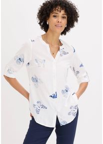 Druckbluse bonprix, Damen, Gr. 48, wei&szlig; (wei&szlig;, blau bedruckt), Web, Obermaterial: 100% Viskose, bedruckt, figurumspielend Po-bedeckend, V-Ausschnitt, Krempel&auml;rmel,mit Knopf,mit Riegel 1-Knopf-Manschette, Blusen Druckbluse, figurumspielende Tunika-Passform, aus Viskose, Krempel&auml;rmel