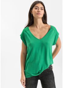 T-Shirt bonprix "Shirt aus Viskose-Mix", Damen, Gr. 40/42 (M), gr&uuml;n, Obermaterial: 95% Viskose, 5% Elasthan. Spitze: 95% Polyamid, 5% Elasthan, loose fit, Shirts T-Shirt, lockere Passform, Kurzarm, aus Viskose-Mix, mit hochwertiger Spitze