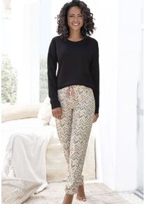 Pyjama Vivance Dreams, Damen, Gr. 36/38, beige (schwarz, creme), Single Jersey, Obermaterial: 100% Baumwolle, ethno, gemustert, unifarben, loose fit lang, Rundhals, B&uuml;ndchen, Homewear-Sets Pyjama, mit malerischem Fischgrat-Muster