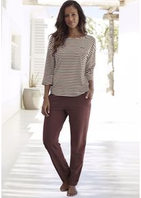 H.I.S. Pyjama H.I.S, Damen, Gr. 40/42, rot (bordeauc), Single Jersey, Obermaterial: 95% Baumwolle, 5% Elasthan, bestickt, gestreift, Basic, loose fit lang, Rundhals, Homewear-Sets Pyjama, mit Logostickerei auf der Brust