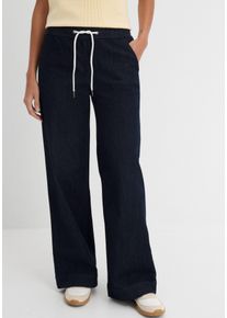 Weite Jeans bonprix "Wide Leg Jeans Mid Waist, Stretch", Damen, Gr. 52, N-Gr, blau (dunkelblau denim), Denim/Jeans, Obermaterial: 82% Baumwolle, 17% Polyester, 1% Elasthan, unifarben, loose fit lang, Jeans Weite Jeans, Loose Fit Passform, mit elastischem Bund und Tunnelzug