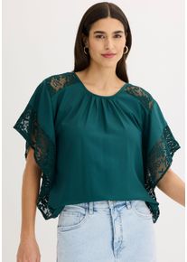 Langarmbluse bonprix, Damen, Gr. 40, gr&uuml;n (tiefgr&uuml;n), Obermaterial: 100% Polyester. Spitze: 100% Polyester, figurumspielend, Blusen Langarmbluse, figurumspielende Passform, aus Polyester, mit Applikationen