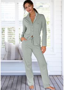 Pyjama Vivance Dreams, Damen, Gr. 44/46, gr&uuml;n, wei&szlig;, gestreift, Single Jersey, Obermaterial: 100% Baumwolle, gestreift, Basic lang, V-Ausschnitt, eingesetzt, Homewear-Sets Pyjama, mit feinem Streifenmuster
