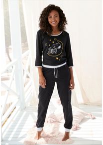Pyjama PEANUTS, Damen, Gr. 40/42, schwarz, Single Jersey, Obermaterial: 100% Baumwolle, bedruckt, bequem kn&ouml;chellang, Rundhals, kontrastfarben, Homewear-Sets Pyjama, mit Snoopy Druckmotiv