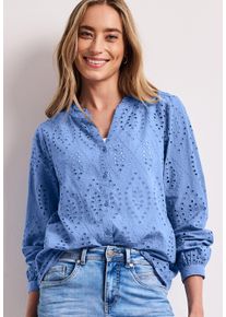 Langarmbluse Street One, Damen, Gr. 44, drift blau, Web, Obermaterial: 100% Baumwolle, unifarben, l&auml;ssig geschnitten h&uuml;ftbedeckend, Rundhals, 1-Knopf-Manschette mit Kn&ouml;pfen, Blusen Langarmbluse, Sommerbluse mit Split Neck und R&uuml;schen-Details