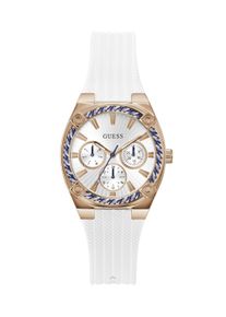 Multifunktionsuhr Guess "SAYLOR", wei&szlig;, ros&eacute;goldfarben, Armbanduhren, Damen, Multifunktionsuhr, Quarzuhr, Armbanduhr, Damenuhr, Silikonarmband, analog, Wochentag, Tag