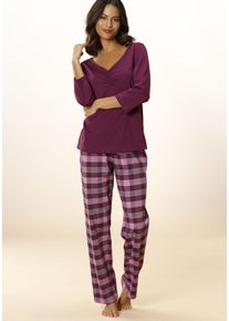 Pyjama Vivance Dreams, Damen, Gr. 40/42, rot (bordeaux), Single Jersey, Obermaterial: 100% Baumwolle, kariert, Basic, lang, V-Ausschnitt, eingesetzt, Homewear-Sets Pyjama, mit karierter Hose