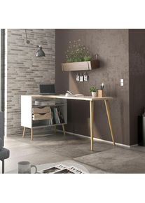 Schreibtisch Andas "Oslo Arbeitstisch, B&uuml;rotisch", wei&szlig; (wei&szlig;, eichefarben), B:145,1cm H:75,8cm T:81cm, Tische, Schreibtisch, mit 2 Schubladen, 3 offene F&auml;cher, Eckschreibtisch, Breite 145 cm