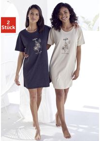 Bigshirt Vivance Dreams, Damen, Gr. 44/46, beige (sand, anthrazit), Single Jersey, Obermaterial: 100% Baumwolle. Melange in der Packung: 52% Baumwolle, 48% Polyester, bedruckt, Basic, loose fit mini, Rundhals, abgesteppt, Shirts Bigshirt, mit Frontdruck