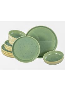 Teller-Set Creatable "Uno Romana Gr&uuml;n, Teller Set 12-tlg", gr&uuml;n, 12 Stk., Steinzeug, Geschirr-Sets, Teller-Set, Sprenkel, Seidenmatte Glasur