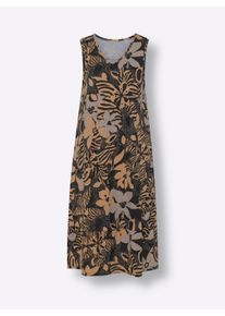 Damen Sommerkleid mit Volants in schwarz-camel-bedruckt ,Gr&ouml;&szlig;e 52/54, WITT, 100% Baumwolle