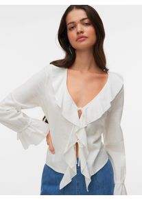 V&eacute;ro Moda R&uuml;schenbluse VERO MODA "VMJAMIE TIE LS TOP WVN", Damen, Gr. XS, snow wei&szlig;, Web, Obermaterial: 60% Baumwolle, 40% Viskose, unifarben, normal, V-Ausschnitt, Volant, Blusen R&uuml;schenbluse