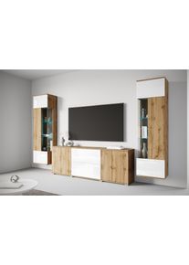 Wohnwand OTTO HOME "KENIA", wei&szlig; (eichefarben votan, eichefarben votan, wei&szlig; hochglanz), B:270cm H:161cm T:34cm, Holzwerkstoff, Kastenm&ouml;bel-Sets, Wohnwand, Vitrinen mit Eckverglasung, h&auml;ngend und stehend montierbar
