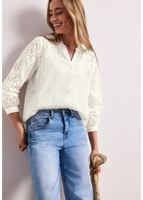 Langarmbluse Street One, Damen, Gr. 42, sanftes wei&szlig;, Web, Obermaterial: 100% Baumwolle, unifarben, l&auml;ssig geschnitten h&uuml;ftbedeckend, Rundhals, 1-Knopf-Manschette mit Kn&ouml;pfen, Blusen Langarmbluse, Sommerbluse mit Split Neck und R&uuml;schen-Details