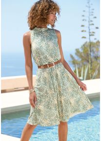 Jerseykleid Lascana, Damen, Gr. 38, N-Gr, t&uuml;rkis, beige bedruckt, Jersey, Obermaterial: 100% Viskose, bedruckt, figurumspielend knieumspielend, hoch geschlossener Ausschnitt, Kleider Jerseykleid, mit Allover Animal-Print