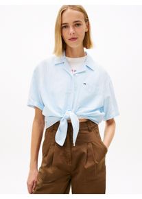 Kurzarmbluse Tommy Jeans "TJW TIE FRONT LINEN SHIRT", Damen, Gr. S (36), light powdery blau, stripe, Web, Obermaterial: 55% Leinen, 27% Baumwolle, 18% Viskose, gestreift, l&auml;ssig geschnitten taillenbedeckt, V-Ausschnitt, abgesteppte Kante, Blusen Kurzarmbluse, mit Knoten-Detail am Saum, Relaxed Fit