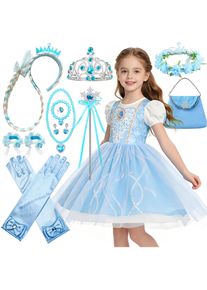 2026 Disney New Cinderella Blue Cute Short Sleeve Princess Breathable Dress Summer Girl Cosplay Cinderella Beach Party Dress Set