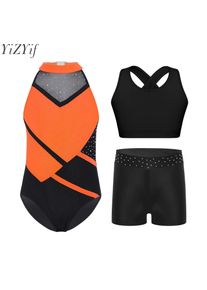 Kids Girls Ballet Dance Sets Gymnastics Performance Outfit Rhinestones Leotard with Cross Back Keyhole Cropped Vest and Shorts