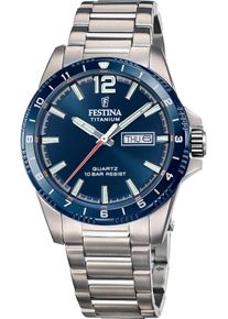 Quarzuhr Festina "Calendario Titanium", silber (titansilberfarben, blau), Armbanduhren, Damen, Quarzuhr, Armbanduhr, Herrenuhr, analog, Tag, Wochentag