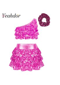 Kids Girls Shiny Sequins Latin Jazz Dance Costume Party Outfit Stage Performance Two Pieces Dancewear Children Clothes Sets