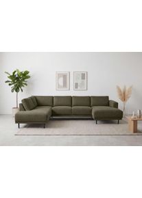 Wohnlandschaft Home Affaire "Sveeva, U-Form, XXL, B.310 cm, schwarze Metallf&uuml;&szlig;e", khaki, B:310cm H:78cm T:197cm, 100% PES, Sofas, Wohnlandschaft, langlebiger Webstoff, mit Wellenunterfederung, viele Farben