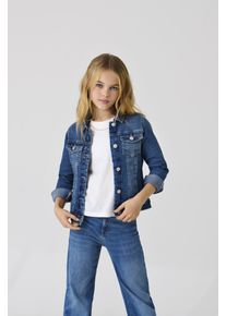 Jeansjacke KIDS Only "KONSARA", M&auml;dchen, Gr. 128, blau (blau denim), Denim/Jeans, Obermaterial: 36% Baumwolle, 35% Polyester, 28% Viskose, 1% Elasthan, unifarben, Basic schmal taillenbedeckt, 1-Knopf-Manschette mit Schlitz, Jacken Jeansjacke, in klassischer, leicht verk&uuml;rzter Form und cooler dunkler Waschung