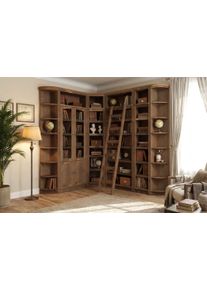 Bibliothek OTTO HOME "Soeren - 7-tlg. Set: mit 1 Regal B 80 cm., 1 Regal B 40 cm, 1 Eckregal", dunkelbraun, B:204cm H:220cm T:29cm, Massivholz, Regale, Bibliothek, Inkl. 1 Vitrine,2 gerundeten Abschlussregalen und 1 Holzleiter,H220 cm