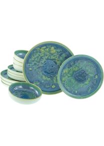 Teller-Set Creatable "Yuki, Teller Set 12-tlg", gr&uuml;n, 12 Stk., Steinzeug, Geschirr-Sets, Teller-Set, Reaktiver intensiv leuchtender Digitaldruck