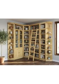 Bibliothek OTTO HOME "Soeren - 7-tlg. Set: mit 1 Regal B 80 cm., 1 Regal B 40 cm, 1 Eckregal", natur, B:204cm H:220cm T:29cm, Massivholz, Regale, Bibliothek, Inkl. 1 Vitrine,2 gerundeten Abschlussregalen und 1 Holzleiter,H220 cm