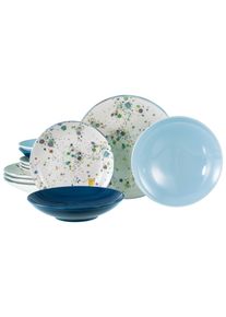 Teller-Set Creatable "Candy Drops, Teller Set 12-tlg.", blau (blau mix, bunt), 12 Stk., Steinzeug, Geschirr-Sets, Teller-Set, Unregelm&auml;&szlig;ige bunte Punkte, Gute Laune Geschirr, Frisch, Freundlich