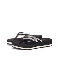 Zehentrenner Tommy Hilfiger "TH FLAG PRINT SUMMER SANDAL", Damen, Gr. 41, schwarz-wei&szlig; (schwarz), Textil, Schuhe Zehentrenner, Keilabsatz, Plateau, Sommerschuh, Dianette mit gestreifter Bandage, Topseller