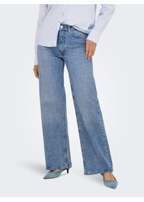 High-waist-Jeans Only "ONLJUICY HW RHINESTONE WIDE REA365 DNM", Damen, Gr. 31, L&auml;nge 32, medium blau denim detail:rhinestones, Denim/Jeans, Obermaterial: 99% Baumwolle, 1% Elasthan, Glitzermuster, unifarben, lang, Jeans High-waist-Jeans, Baumwollmischung, Pailletten-Details, high waist, wide fit
