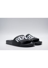 Badepantolette Replay, Herren, Gr. 46, schwarz-wei&szlig; (schwarz, wei&szlig;), Synthetik, Basic, Schuhe Badepantolette, Sommerschuh, Badeschuh, Strandschuh, Flat mit Logoschriftzug