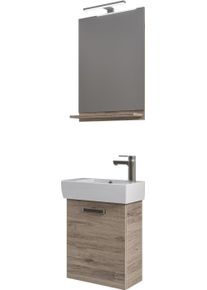 Badm&ouml;bel-Set SAPHIR "4-teilig, mit Spiegel und Leuchte", braun (sanremo eiche terra quer nachbildung), B:50cm H:200cm T:25cm, Kastenm&ouml;bel-Sets, Badm&ouml;bel-Set