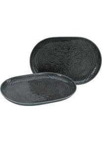 Servierplatte Creatable "Orient Mandala", grau, B:20cm H:2,5cm L:28cm, Porzellan, Servierplatten, Servierplatte, Servierset, je 28x20 cm