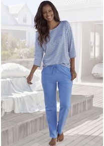 H.I.S. Pyjama H.I.S, Damen, Gr. 56/58, blau, Single Jersey, Obermaterial: 95% Baumwolle, 5% Elasthan, bestickt, gestreift, Basic, loose fit lang, Rundhals, Homewear-Sets Pyjama, mit Logostickerei auf der Brust