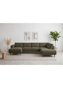 Wohnlandschaft Home Affaire "Sveeva, U-Form, XXL, B.310 cm, schwarze Metallf&uuml;&szlig;e", khaki, B:310cm H:78cm T:197cm, 100% PES, Sofas, Wohnlandschaft, langlebiger Webstoff, mit Wellenunterfederung, viele Farben