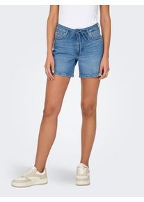 Jeansshorts Only "ONLGIANNA MW BELTED SHORTS AZG DNM NOOS", Damen, Gr. L (40), N-Gr, blau (medium blau denim), Denim/Jeans, Obermaterial: 99% Baumwolle, 1% Elasthan, unifarben, regular fit kurz, Jeans Jeansshorts, Baumwollmischung, regular fit, Regular Waist