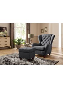 Ohrensessel Home Affaire "Alexander, B: 92 cm, Sitzh&ouml;he: 44 cm", grau (anthrazit), B:92cm H:103cm T:93cm, Samtvelours (100% Polyester);Struktur fein (100% Polyester), Sessel, Ohrensessel, Set: mit Hocker