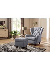 Ohrensessel Home Affaire "Alexander, B: 92 cm, Sitzh&ouml;he: 44 cm", grau, B:92cm H:103cm T:93cm, Samtvelours (100% Polyester);Struktur fein (100% Polyester), Sessel, Ohrensessel, Set: mit Hocker