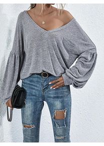 Women's V-neck Solid Color T-shirt Ladies Casual Open Back Pocket Lantern Sleeve Fashion Long Sleeve T-shirt Top