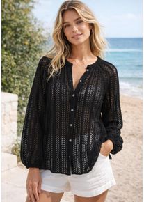 Shirtbluse Laura Scott, Damen, Gr. 42, schwarz, Spitze, Obermaterial: 100% Baumwolle, unifarben, gekr&auml;uselter Ausschnitt, R&uuml;schen mit innenliegendem Gummizug, Blusen Shirtbluse, in H&auml;keloptik, aus Baumwolle